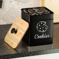 厨房台面装饰性金属储物盒饼干罐，带密封竹盖