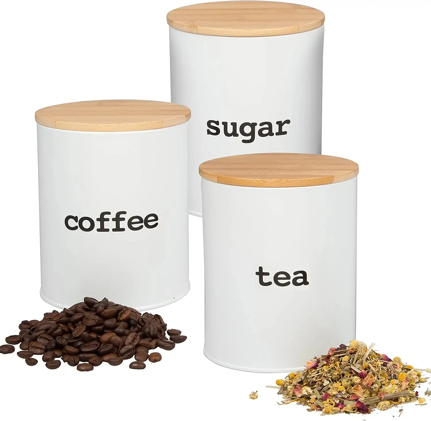 Bamboo Wooden Lid Galvanized Iron Tea Sugar Coffee Storage Tin Box Airtight Food Container Canister Set of 3