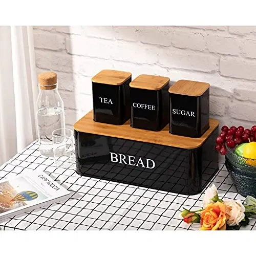 Metal Bread Sandwich Box Customize Storage Bin Bread Bin Biscuit Tea Coffee Sugar Canister Set with Bamboo Lid