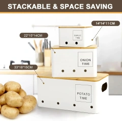 Metal Potato Onion Garlic Kitchen Canisters Storage Box with Ventilation Holes Keep Fresh Rectangular Box Bamboo Lid