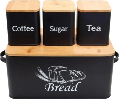 Metal Kitchen Bread Box with 3pcs Coffee Sugar Tea Steel Storage Set Bamboo Cutting Board