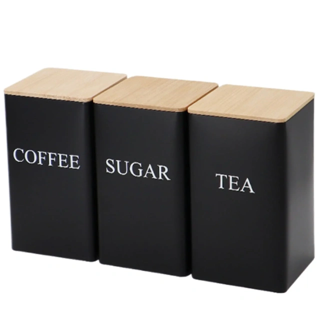 Wholesale Customize Kitchen Products 3 Pieces Coffee Tea Sugar Container Set With Wooden Lid