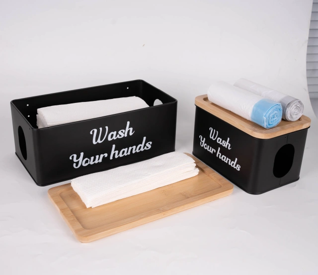 Wall Mount Bathroom Steel Toilet Paper Holder Box With Phone Holder Wooden Lid Metal Storage Box