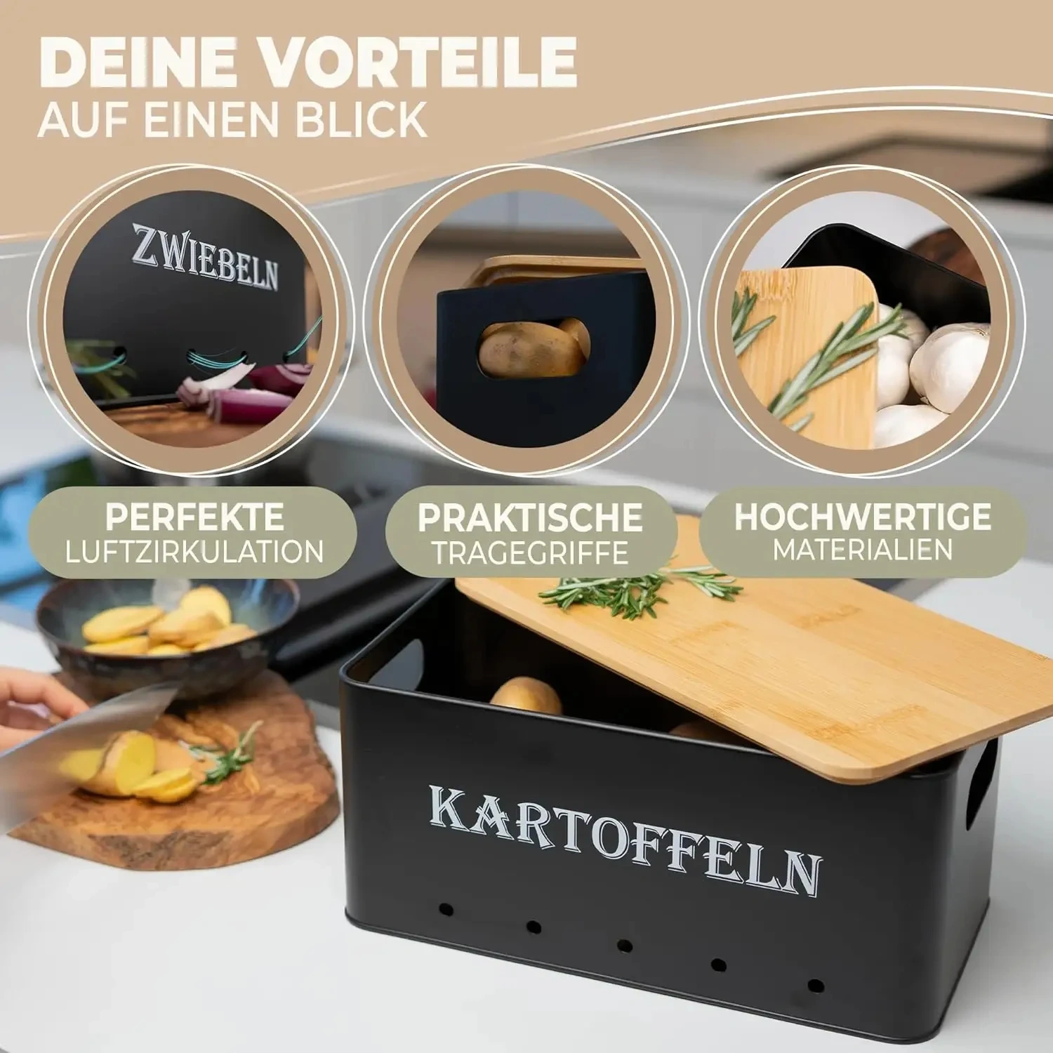 Onion Potato Garlic Pot Box Stackable Potato Vegetable Storage Box with Bamboo Lid Metal Galvanized Iron Accept Customize