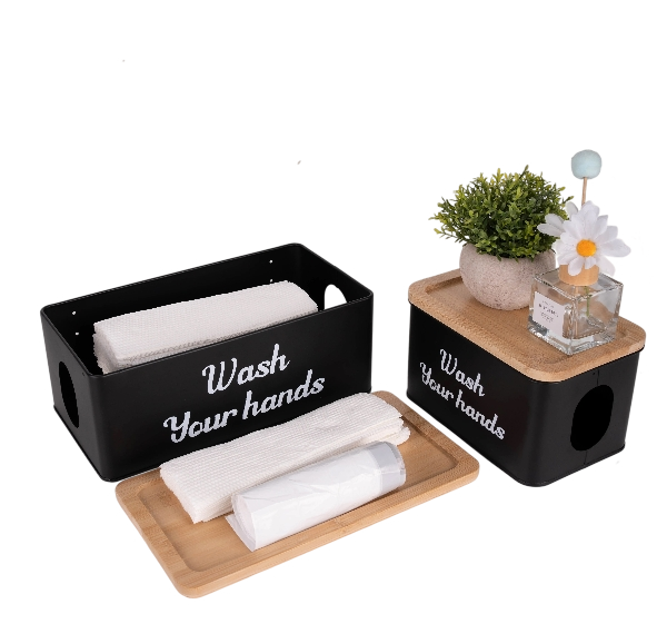 Wall Mount Bathroom Steel Toilet Paper Holder Box With Phone Holder Wooden Lid Metal Storage Box