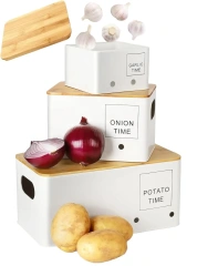 Metal Potato Onion Garlic Kitchen Canisters Storage Box with Ventilation Holes Keep Fresh Rectangular Box Bamboo Lid