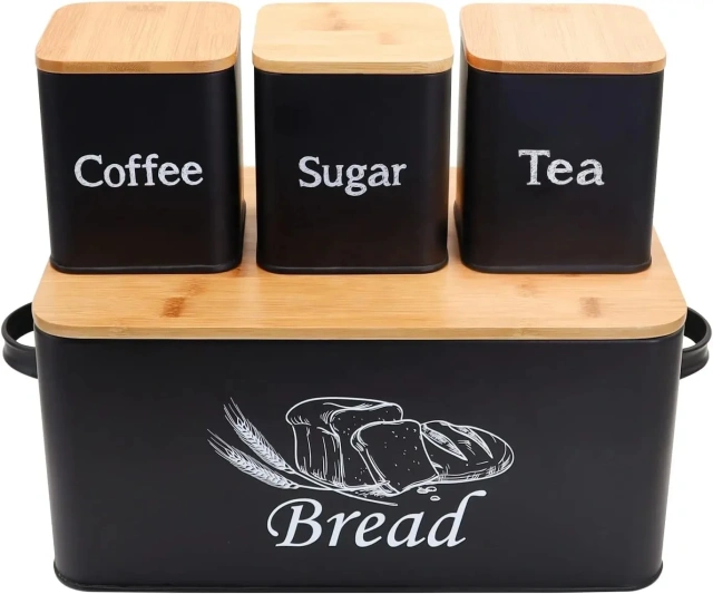 Metal Kitchen Bread Box with 3pcs Coffee Sugar Tea Steel Storage Set Bamboo Cutting Board