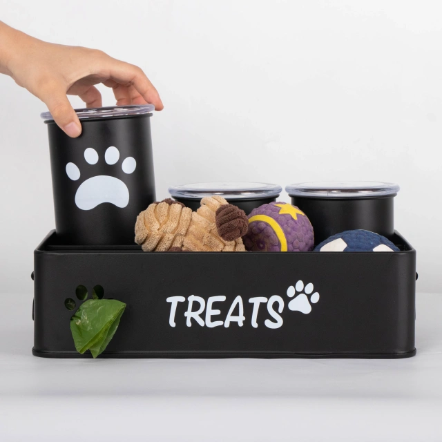 Metal Dog Cat Food Storage Container with 3 Jars Pet Treat Storage Organizer Pet Products Holder New Arrival Factory Price