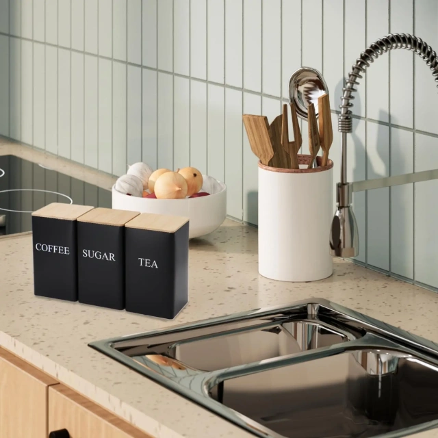 Wholesale Customize Kitchen Products 3 Pieces Coffee Tea Sugar Container Set With Wooden Lid