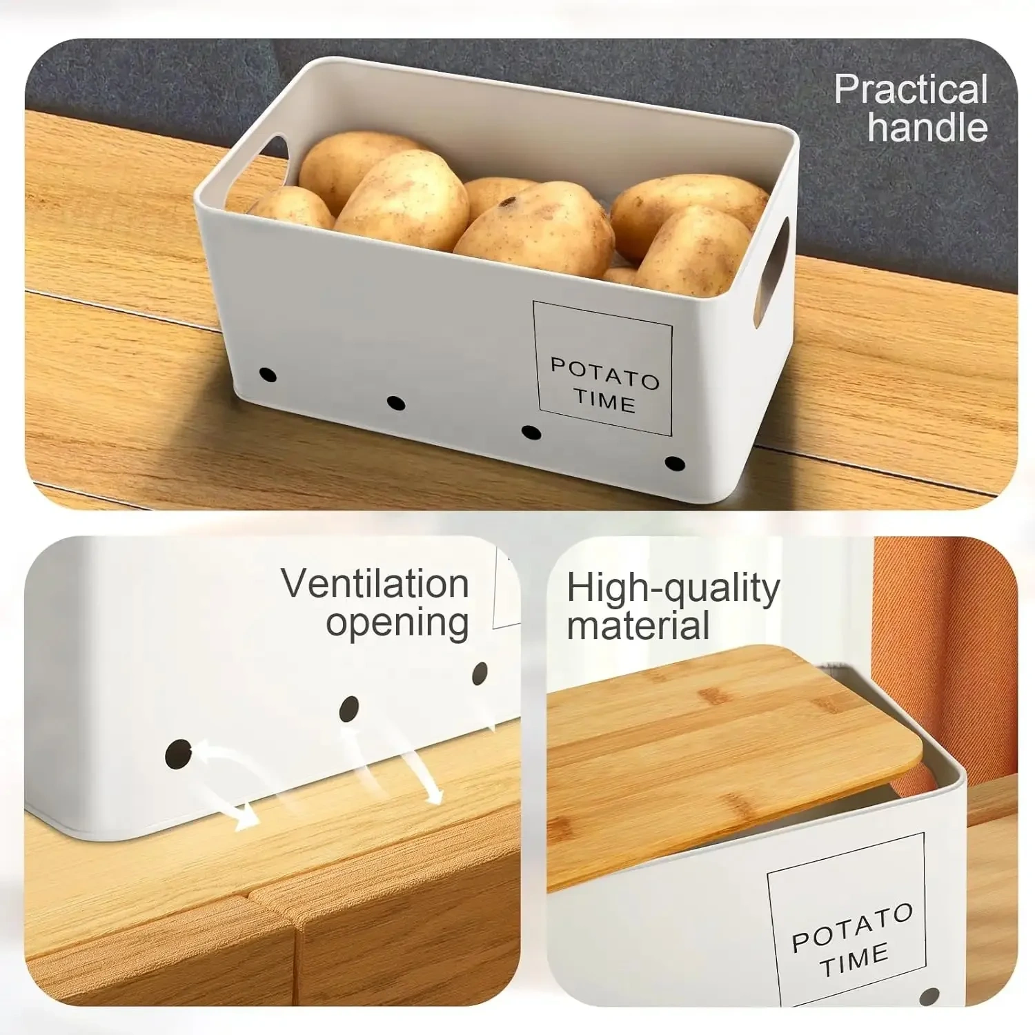 Metal Potato Onion Garlic Kitchen Canisters Storage Box with Ventilation Holes Keep Fresh Rectangular Box Bamboo Lid