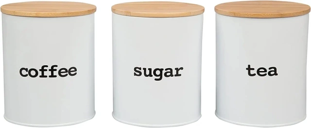 竹木盖镀锌铁茶糖咖啡储存罐密封食品容器罐3件套