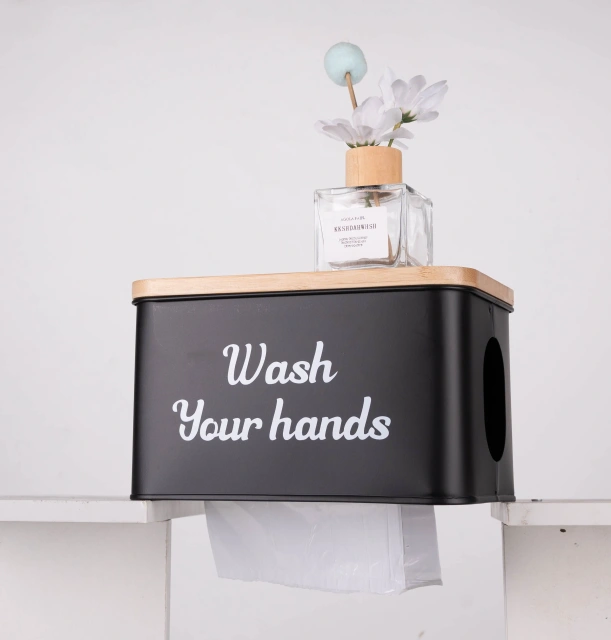 Wall Mount Bathroom Steel Toilet Paper Holder Box With Phone Holder Wooden Lid Metal Storage Box