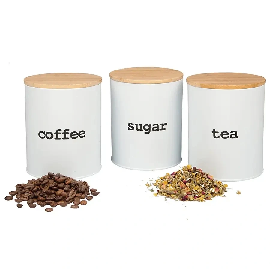 Bamboo Wooden Lid Galvanized Iron Tea Sugar Coffee Storage Tin Box Airtight Food Container Canister Set of 3