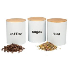竹木盖镀锌铁茶糖咖啡储存罐密封食品容器罐3件套
