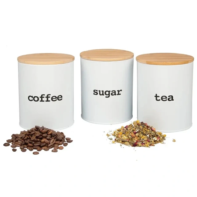 竹木盖镀锌铁茶糖咖啡储存罐密封食品容器罐3件套