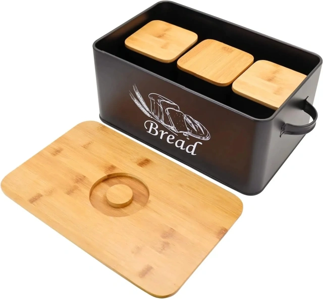 Metal Kitchen Bread Box with 3pcs Coffee Sugar Tea Steel Storage Set Bamboo Cutting Board