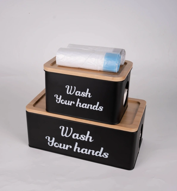 Wall Mount Bathroom Steel Toilet Paper Holder Box With Phone Holder Wooden Lid Metal Storage Box