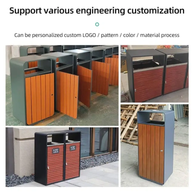 Park Attraction Property Street Steel Wood Craft Single Bucket Peel Box Outdoor Trash Can
