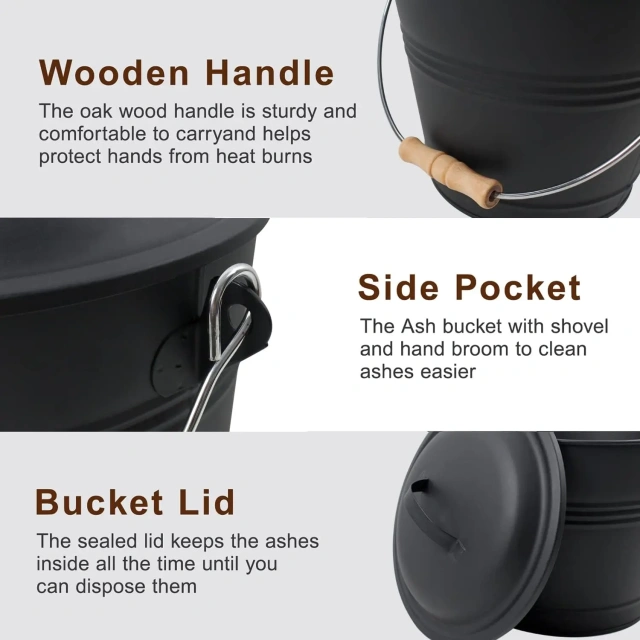 1.3 Gallon Modern Design Metal Fireplace Ash Bucket with Shovel Gloves and Lid Includes Hand Broom