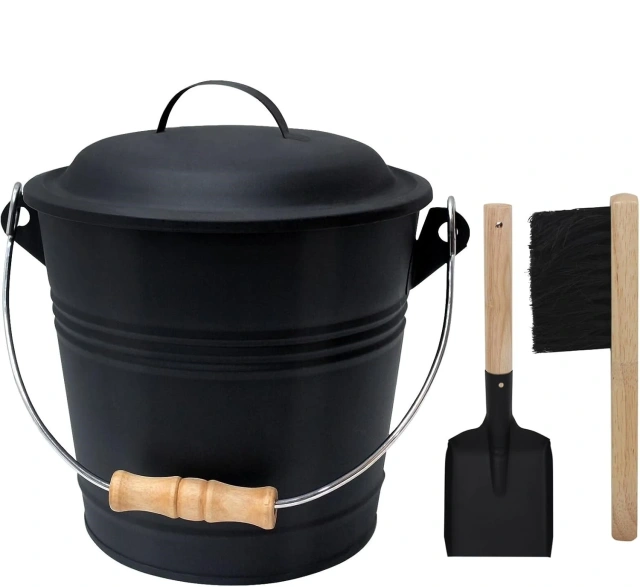1.3 Gallon Modern Design Metal Fireplace Ash Bucket with Shovel Gloves and Lid Includes Hand Broom