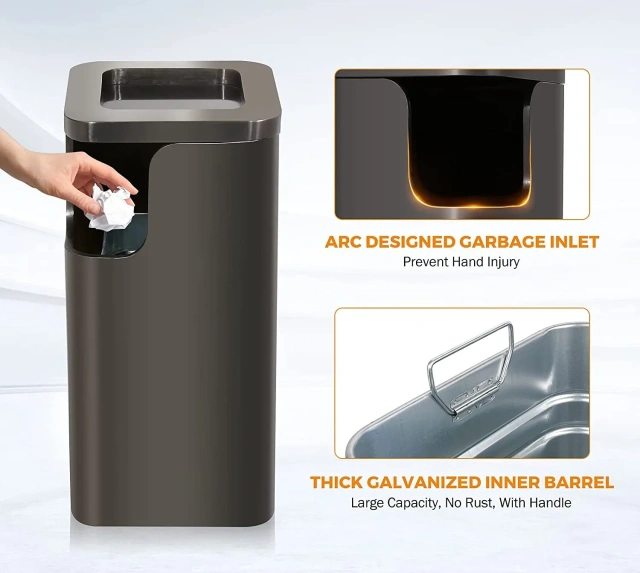 Customized 20L Steel Stainless Elevator Vertical Trash Can for Indoor Storage for Bathroom Kitchen Outdoor Use with Ashtray