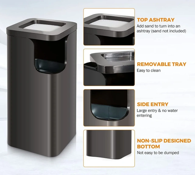 Customized 20L Steel Stainless Elevator Vertical Trash Can for Indoor Storage for Bathroom Kitchen Outdoor Use with Ashtray