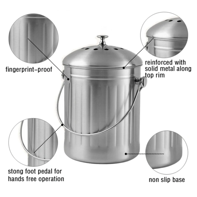 Wholesale Kitchen Stainless Steel Compost Bin Metal Food Compost Bin With Carbon Filter for Kitchen