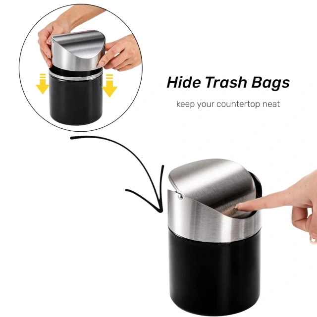 Mini Trash Can with Swing Lid Stainless Steel Countertop Garbage Bin, Modern Tiny Waste Basket