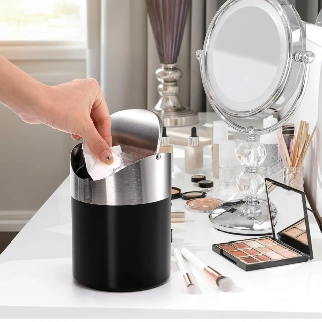 Mini Trash Can with Swing Lid Stainless Steel Countertop Garbage Bin, Modern Tiny Waste Basket