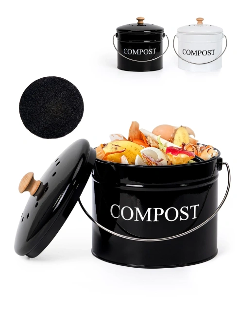 Metal Food Waste Bin Compost Bucket Kitchen Compost Bin With Lid and Charcoal Filters