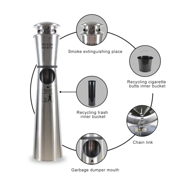 Street Trash Can Metal Dustbin with Standing Ashtray and Rainproof Inner Bin for Waste Management