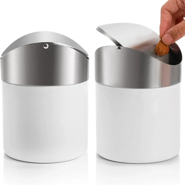 White Stainless Steel Garbage Bin Small Countertop Trash Can for Home, Office, Kitchen, Vanity Tabletop, Bedroom, Car