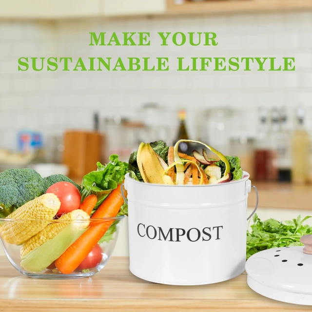 Metal Food Waste Bin Compost Bucket Kitchen Compost Bin With Lid and Charcoal Filters