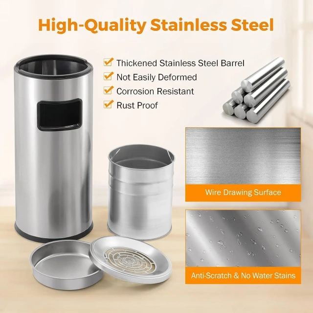 Stainless Steel Outdoor Ashtray with Inside Barrel Industrial Garbage Can Trash Can