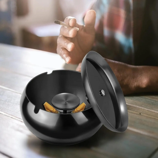 Stainless Steel Ashtray Smokeless Smell Proof Windproof Ashtray Tabletop Ashtrays