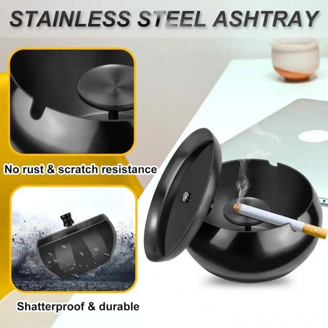 Stainless Steel Ashtray Smokeless Smell Proof Windproof Ashtray Tabletop Ashtrays