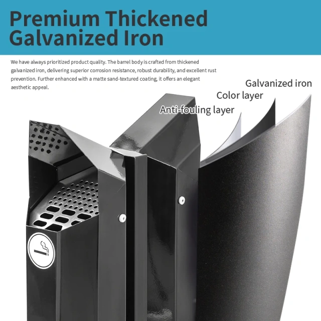 Black Galvanized Steel Sidewalk Ashtray  Fireproof Ashtray for Smoking Area Two Trash Bin Smoking Column Accept Fixed on