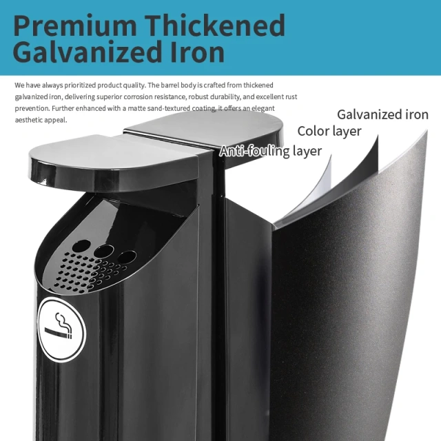 Black Galvanized Steel Sidewalk Ashtray  Fireproof Ashtray for Smoking Area Two Trash Bin Smoking Column Accept Fixed on
