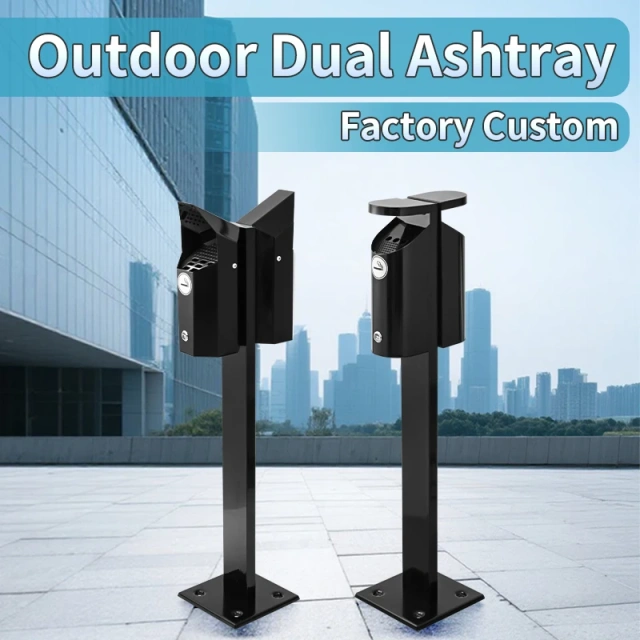 Black Galvanized Steel Sidewalk Ashtray  Fireproof Ashtray for Smoking Area Two Trash Bin Smoking Column Accept Fixed on