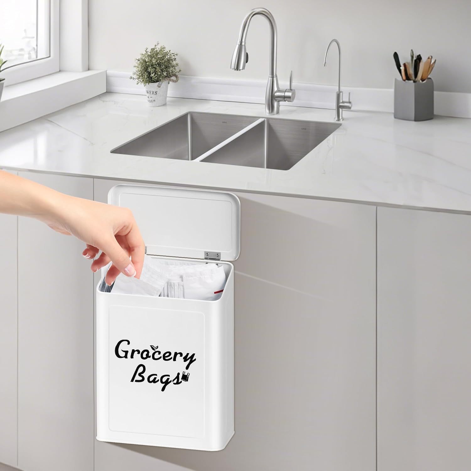 Magnetic Grocery Bag Holder for Plastic Bags with Lid, Metal Farmhouse Grocery Bag Organizer Wall Mount, 50PCS Thanks You Bags Included, White
