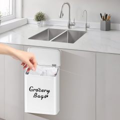 磁性购物袋架，适用于带盖塑料袋，金属农舍购物袋收纳架壁挂式，内含 50 个感谢袋，白色