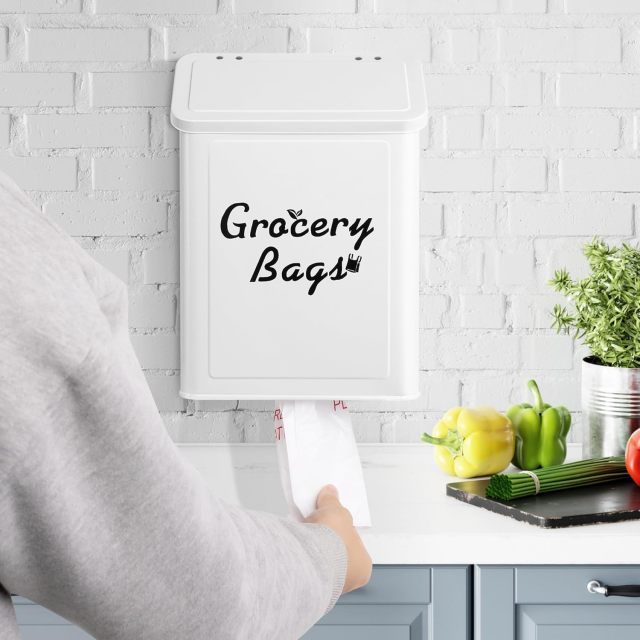 磁性购物袋架，适用于带盖塑料袋，金属农舍购物袋收纳架壁挂式，内含 50 个感谢袋，白色