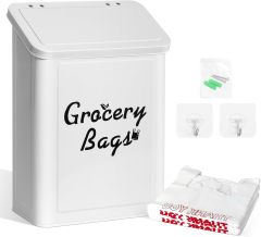 磁性购物袋架，适用于带盖塑料袋，金属农舍购物袋收纳架壁挂式，内含 50 个感谢袋，白色