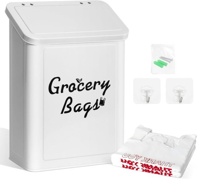 磁性购物袋架，适用于带盖塑料袋，金属农舍购物袋收纳架壁挂式，内含 50 个感谢袋，白色