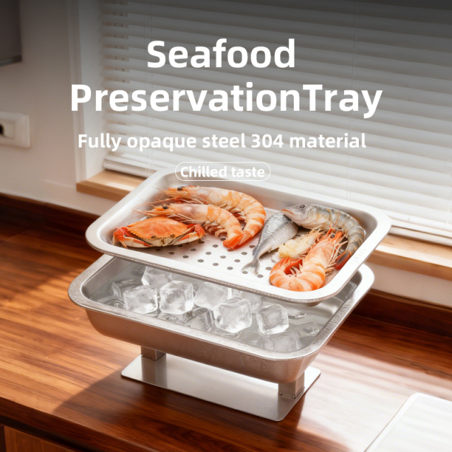 高级双层304不锈钢海鲜和刺身拼盘，带冰格 - 可定制标志