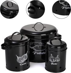 Kitchen Set of 3 Vegetable Potato Onion and Garlic Pots, Storage Box Canister, Onion Garlic Jar Containers
