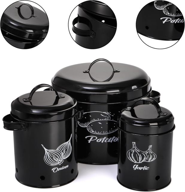 Kitchen Set of 3 Vegetable Potato Onion and Garlic Pots, Storage Box Canister, Onion Garlic Jar Containers