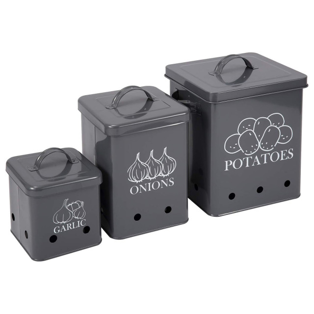 Kitchen Set of 3 Vegetable Potato Onion and Garlic Pots, Storage Box Canister, Onion Garlic Jar Containers