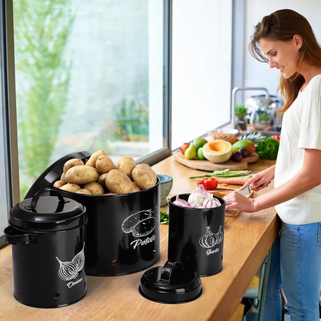 Kitchen Set of 3 Vegetable Potato Onion and Garlic Pots, Storage Box Canister, Onion Garlic Jar Containers