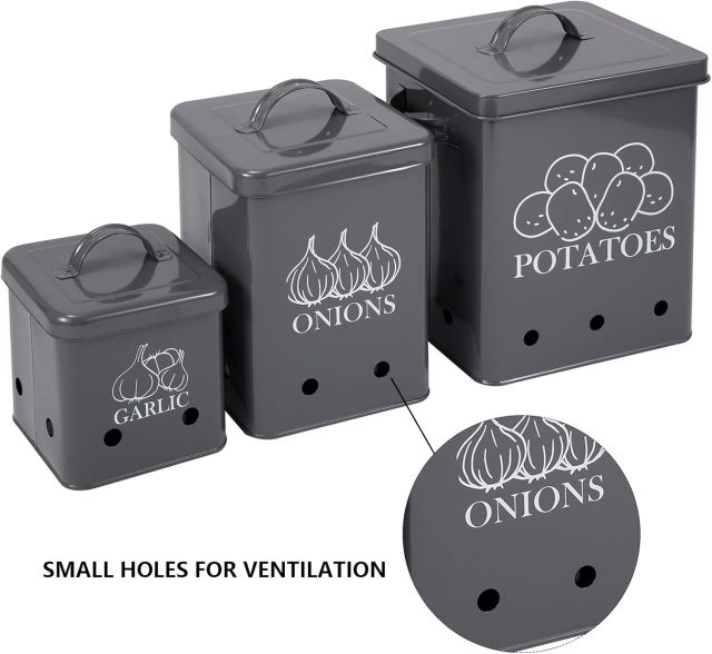 Kitchen Set of 3 Vegetable Potato Onion and Garlic Pots, Storage Box Canister, Onion Garlic Jar Containers